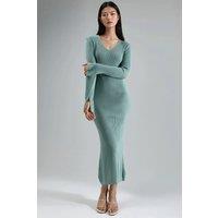 MyFashion Women's V-Neck Textured Maxi Knit Dress with Slit in Mint