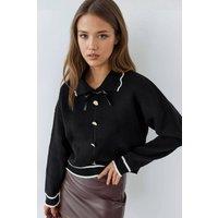 MyFashion Women's Textured Polo Neck Knit Sweater with Ribbon Detail in Black