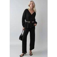 MyFashion Women's V-Neck Cardigan & Wide Leg Pants Knitwear Set in Black