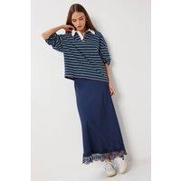 Happiness Istanbul Women's Pull-On Satin Long Skirt in Navy | Size: Small