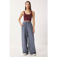 Happiness Istanbul Women's Wide Leg Drawstring Waist Pants with Binding Detail in Charcoal | Size: Small