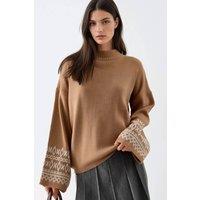 MyFashion Women's Crew Neck Jacquard Knit Sweater in Camel