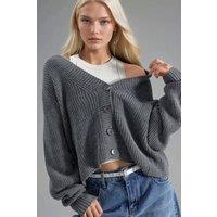 MyFashion Women's Ribbed Knit Button-Up Crop Cardigan in Dark Grey