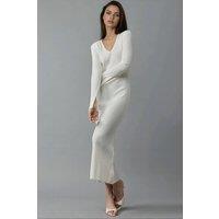 MyFashion Women's V-Neck Textured Maxi Knit Dress with Slit in Off-White