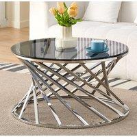 Comfy Living Ltd Round Geometric Design Metal Coffee Table With Tinted Glass Tempered Top in Silver | Size: 1 Pack