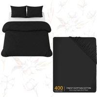 Grace Luxury Cotton Duvet Cover Set with Matching Fitted Sheet in Black | Size: Single
