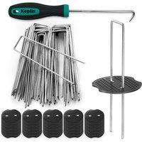 Keplin U Shaped Garden Pegs Set, 50 Pegs, 50 Washers & 1 Pick Hook (101 Pack) in Silver | Size: 100 Pack