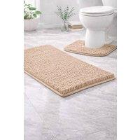 Homes-Linen 2 Piece Chenille Bath Mat Set Non Slip Soft Shaggy Bathroom Rug in Beige