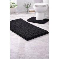 Homes-Linen 2 Piece Chenille Bath Mat Set Non Slip Soft Shaggy Bathroom Rug in Black