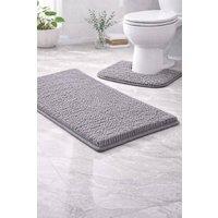 Homes-Linen 2 Piece Chenille Bath Mat Set Non Slip Soft Shaggy Bathroom Rug in Grey