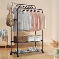 Ventryn Double Clothes Rail Garment Rack with Shoes Storage Display Stand in Black