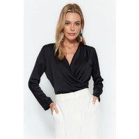 WOVCOR Women's V-Neck Satin Woven Blouse With Draped Wrap Detail in Black | Size: 8