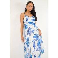 Roman Women's Petite Floral Ruched Midi Dress in Blue | Size: 14
