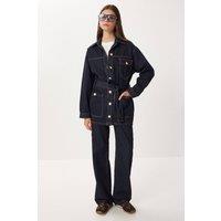 Happiness Istanbul Women's Belted Denim Jacket & Wide Leg Pants Two-Piece Set in Mid Navy | Size: Small