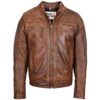 House of Leather Men's Mens Real Leather Biker Jacket Charlie in Brown | Size: Large