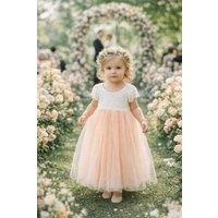 UK Flower Girl Boutique Girl's Bohemian Classic Flutter Dress in Peach | Size: 2-3 Years