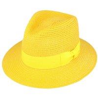 JTAPHRIQUE Men's Summer Paper Straw Fedora Hat in Bright Yellow | Size: XL