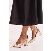 Dorothy Perkins Women's Blanche Ankle Strap Pointed High Block Heel Court Shoes in Gold | Size: 7