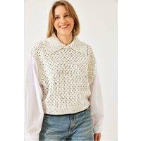 Bianco Lucci Women's Textured Knit Crop Sweater with Shirt Collar in Beige