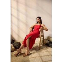 WOVCOR Women's Spaghetti Strap Square-Neck Slit Midi Dress in Red | Size: 6