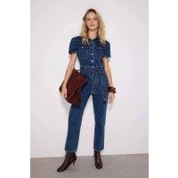 WOVCOR Women's Belted Short Sleeve Collared Straight Leg Denim Jumpsuit in Blue | Size: 6