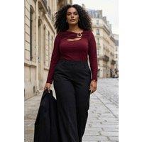 WOVCOR Women's Cut Out Hardware Detail Long Sleeve Fitted Top in Burgundy | Size: 2XL