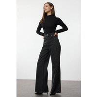 WOVCOR Women's High Waist Wide Leg Jeans with Rhinestone Detail in Black | Size: 12