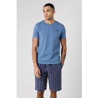 Tokyo Laundry Men's Crew Neck T-Shirt & Checked Shorts Pyjama Set in Mid Blue | Size: Large