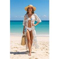 MODISHION Women's Long Floral Beach Cover-Up Kimono in White | Size: Small