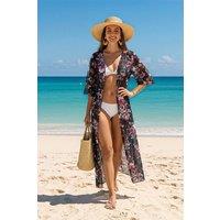 MODISHION Women's Long Floral Beach Cover-Up Kimono in Black | Size: Medium