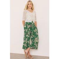 Klass. Women's Botanical Printed Wide Leg Cropped Trousers in Khaki | Size: 14