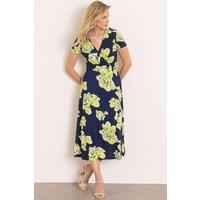 Klass. Women's Bold Floral Printed Short Sleeve Midi Dress in Dark Blue | Size: 16
