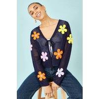 Yumi Women's Navy Tie Front Cardigan With Flower Design | Size: Large