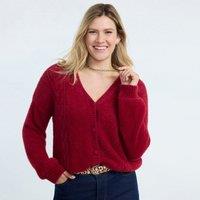 Lands' End Women's Fuzzy Eyelash Cable Cardigan in Dark Red | Size: 10-12