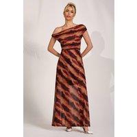 Jolie Moi Women's Mesh Asymmetrical Off-Shoulder Maxi Dress in Orange | Size: 10