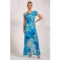 Jolie Moi Women's Mesh Asymmetrical Off-Shoulder Maxi Dress in Blue | Size: 16