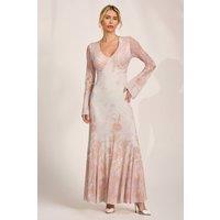 Jolie Moi Women's Long Sleeve Godet Mesh Maxi Dress in Taupe | Size: 18