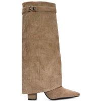 XY London Women's 'Rayna' Block Heel Knee High Foldover Boots With Pointed Toe in Taupe | Size: 3