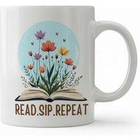 Dyzi Read Sip Repeat Quote Ceramic Mug White for Book Lovers