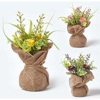 Homescapes Set of 3 Artificial Daisies in Rustic Burlap Pots