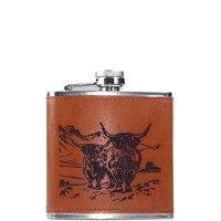 Selbrae House Scenic Highland Cow Leather Hip Flask in Brown