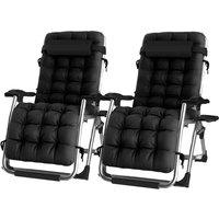 Groundlevel Pair of Luxury Gravity Garden Sun Lounger / Relaxer Chair with Cushion in Black