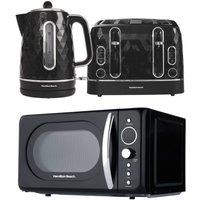 Hamilton Beach Diamond 1.7L Kettle, 4 Slice Toaster & Retro 20L Microwave Set - Black
