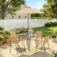 OUTSUNNY 4 Seater Rattan Dining Set with Parasol, Light Brown