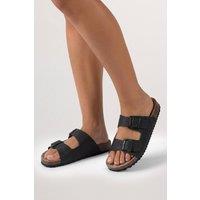 MissPap Women's Black Faux Nubuck Suede Double Buckle Footbed Sliders in Natural Black | Size: 3