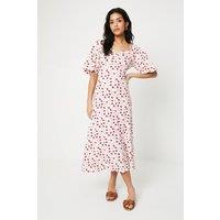 Dorothy Perkins Women's Petite Ditsy Ruched Front Puff Sleeve Jersey Midi Dress in Ivory | Size: 18