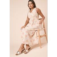 Dorothy Perkins Women's Cream Palm Tie Shoulder Shirred Waist Jersey Midi Dress | Size: 14