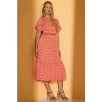 Klass. Women's Belted Smocked Geometric Print Midaxi Dress in Orange | Size: 16