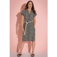 Klass. Women's Printed Linen Blend Belted Dress in Black | Size: 20