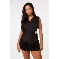 Pink Vanilla Women's Black Stone Buckle Cross Over Slinky Top | Size: S/M